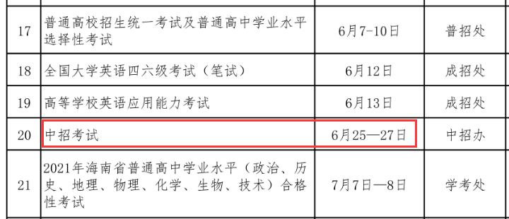 海南万宁市2021年中考时间