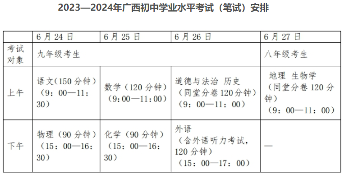 广西河池中考时间2024年具体时间已公布